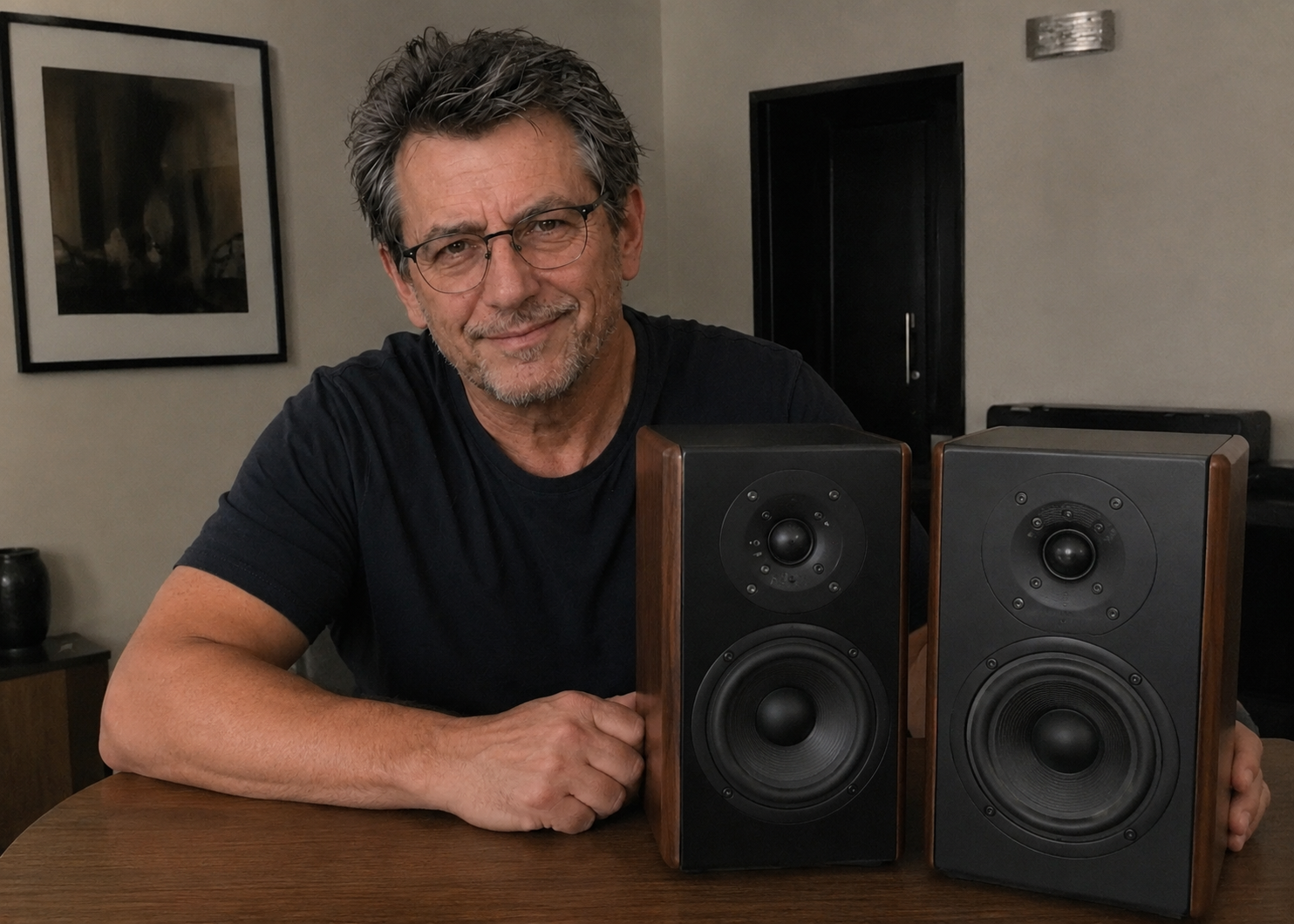Thomas Heffler with a pair of vintage Hi-Fi speakers